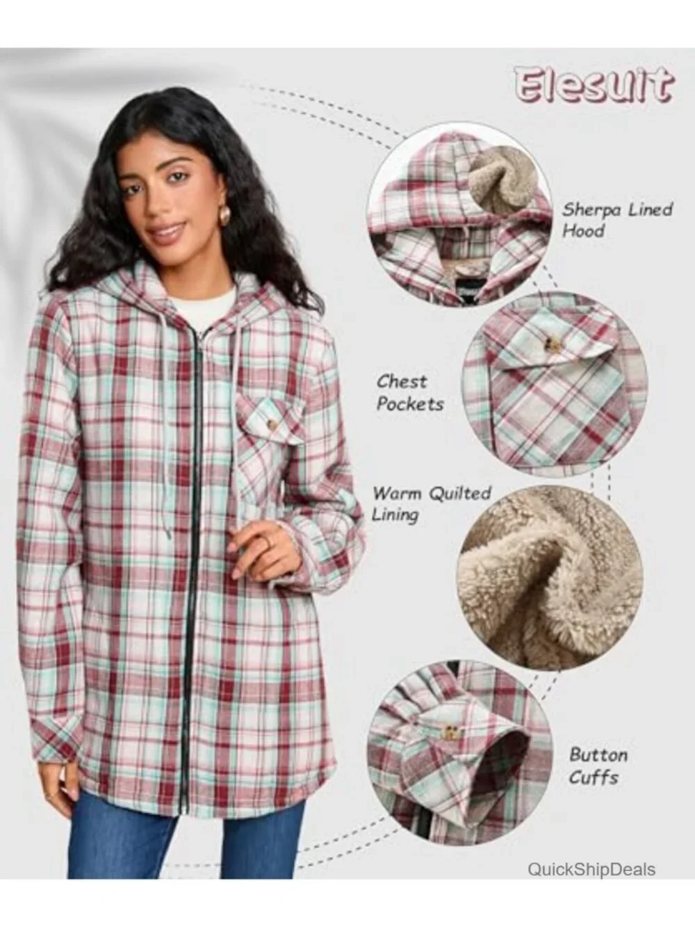 Women's Fleece Flannel Plaid Sherpa Hooded Jacket Full Zip Warm Winter